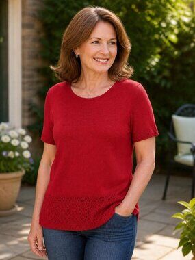 Definitely Womens Red Knit Short Sleeve Sweater Shirt Eyelet Crochet XL